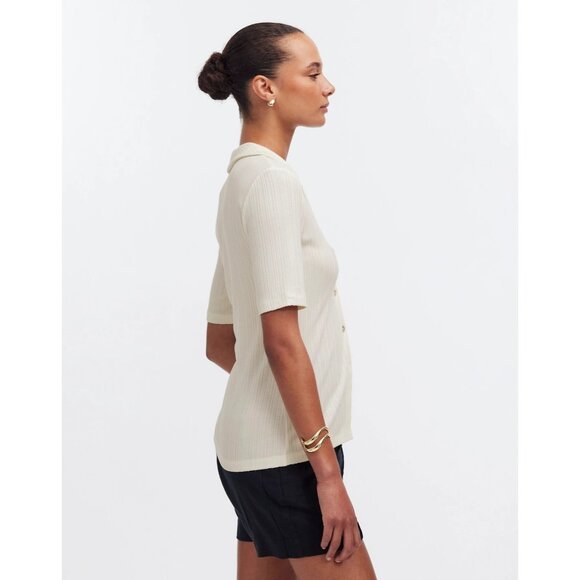Madewell Cutaway Hem Polo Top Women XXS  Creme Fraiche Ivory SS Ribbed Button-Up - Picture 9 of 16